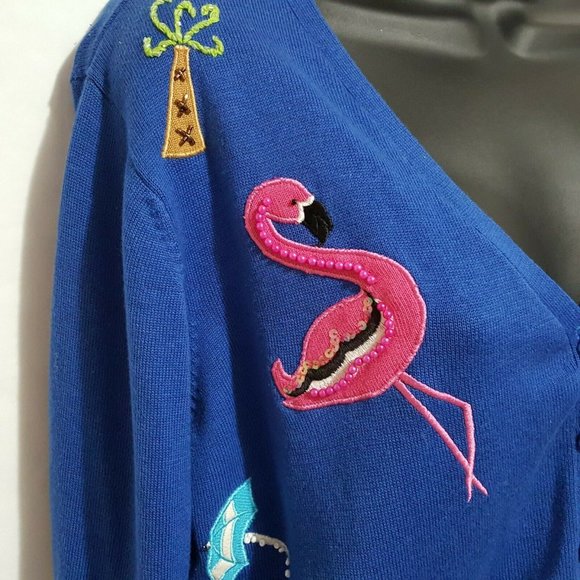 Jack B Quick Women's Cardigan Sweater Large Blue Flamingos Umbrellas Beaded - Picture 10 of 12
